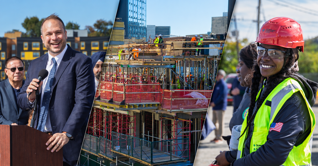 Left to right: Jersey City Mayor James Solomon speaks at the Oct. 21 Canal Crossing groundbreaking; Homestead Gateway rises in Journal Square; a Jersey City resident and union apprentice who will help build Canal Crossing attends the ceremony.